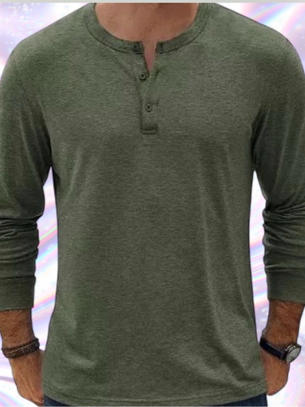 Men's Olive Green Long-Sleeve Henley Shirt